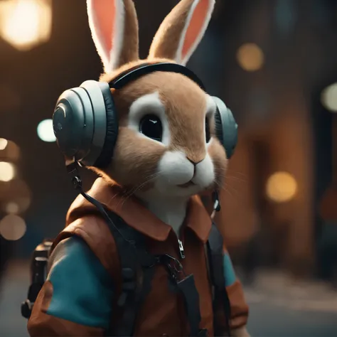 ((Best quality, 8K, Masterpiece: 1.4)),((Amazing detail: 1.3)),((illustration, Hairstyle Casual: 1.2)),((high resolution: 1.1)), A cute Rabbit standing, headset on head, Tactical coat, Fashionab, Soft light, Colorful, Depth of field, Cinematic lighting, Fr...