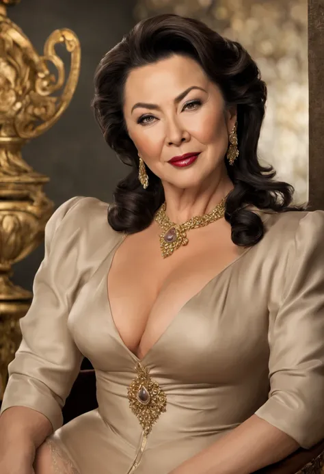 majestic madame over 48 years old, (best quality,4k,8k,highres,masterpiece:1.2),ultra-detailed,(realistic,photorealistic,photo-realistic:1.37), BDSM, femdom, professional, dominant expression, mature beauty, plump figure, (mix of Tamlyn Tomita and Elizabet...