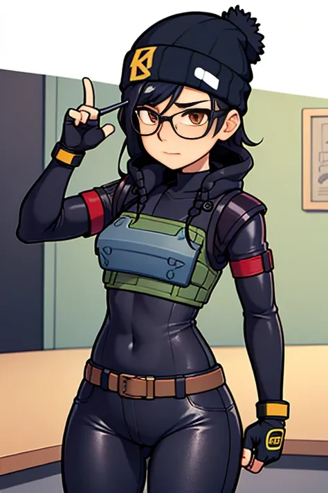 dokkaebi, dkdef, glasses, beanie, fingerless gloves, body armor, tight leather pants, 1girl, aiming, holding gun, firing, chaoti...