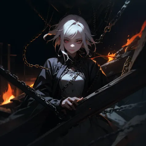 Woman with white hair and bright red eyes tied by fire chain, Background full of chains and cages, 全HD, 4K, 8k, 16k, high resolution, HD, super detailed, Surreal