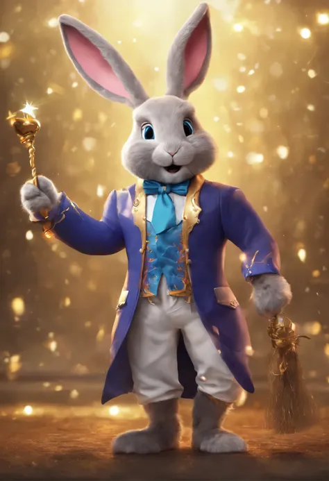 Dress up as a rabbit as a magician. He carried a magic wand. .obvious . 8K . Full portrait. The appearance of the rabbit is complete. Details of the full image.Full image of a rabbit