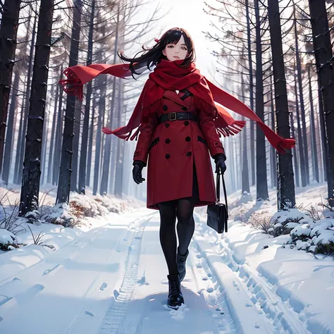 Beautiful woman with red scarf, walking in the forest, winter evening