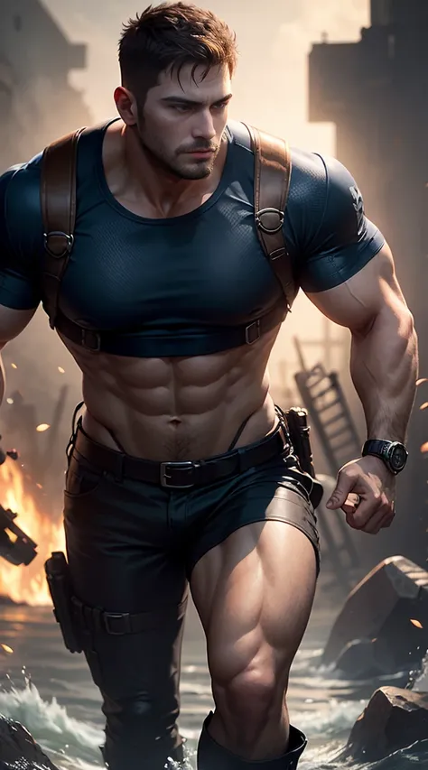 chris redfield,resident Evil, show off your muscles, body hair , sexy body, fur bottom，Rough and real skin，sharp vision，blue eyes，8K HD resolution，Realism 1.4，background battlefield，a sea of fire，running