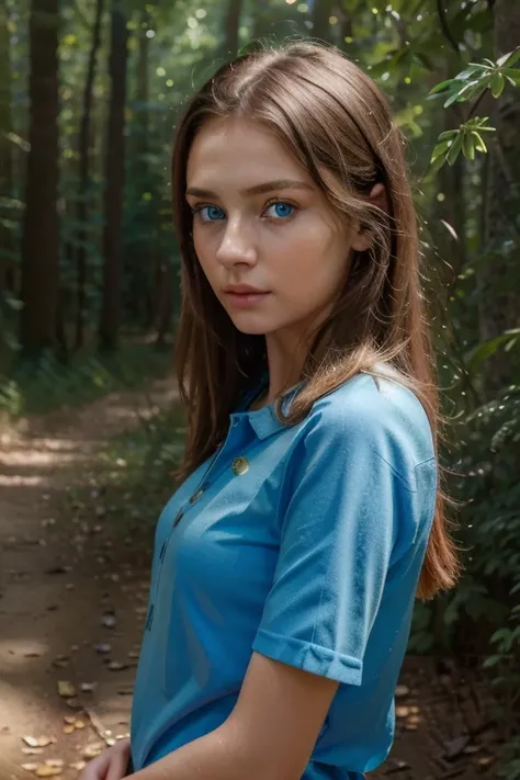 Portrait, high quality, Ukrainian  blue eyes, smooth skin, ((Best quality, 8k, Masterpiece :1.3)), 1girl, Pretty girl , Casual outfit :1.2, in the forest, Ultra-detailed face, Detailed eyes, Double eyeli