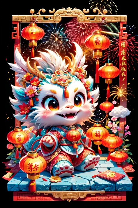 1 chinese dragon，[(chinese red background:1.5)::5]，medium shot，chinese style，((spring festival，lantern，fireworks，firecracker，flo...