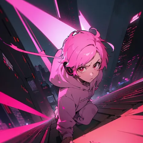 (top quality), (masterpiece), (Super detailed), (shortcut), (two block hair), (bright pink hair), (red eyes), (cool pose), (man wearing headphones), (oversized hoodie), (Street style), (neon), (modern city), (neonデイライト), (cinematic), (stylish), (High resol...