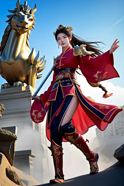 Female general of ancient China, standing bravely amidst the chaos of the Chinese style, ancient battle field, clad in a red robes and armor that shines under the gritty yellow sand in the sky, her fierce expression etched with determination and grit. Her ...