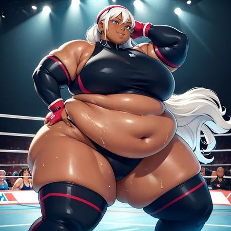 ((Dark skin)), dark skinned female, ((giantess)), ((strongfat)), ssbbw, obese, ((strong arms)), white hair, blue eyes, ((tall)), (gentle smile), (wrestling gear), gigantic, insanely large belly, sweaty, subtle blush, (bare arms), ((biceps)), ((flexing)), l...