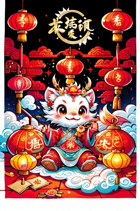 1 chinese dragon，[(chinese new year festive elements background:1.5)::5]，medium shot，chinese style，spring festival，lantern，firew...