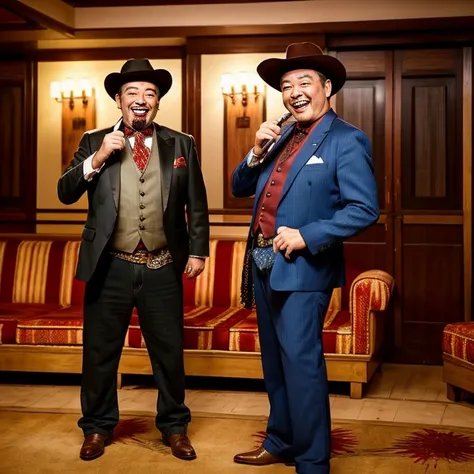 Two comedian men with ugly and lewd faces are standing grinning in a private room of a Western-style hotel.。