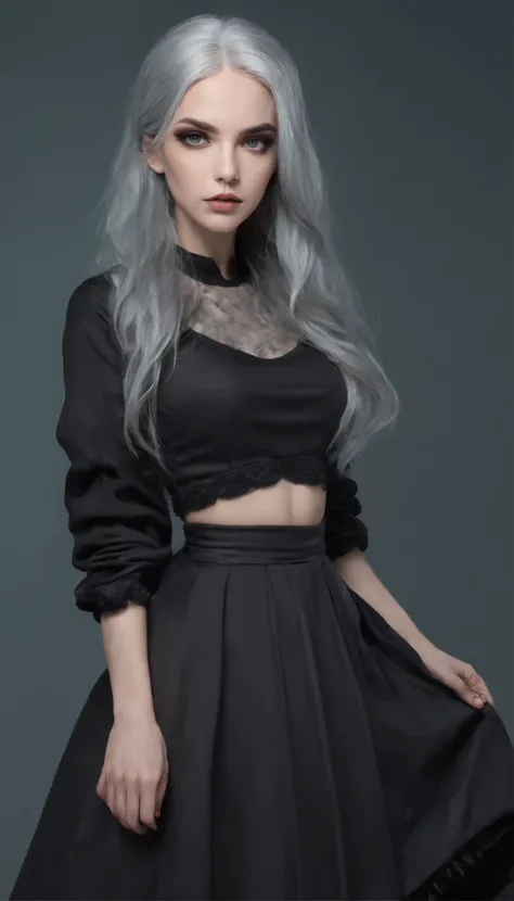 a beautiful girl with long hair and grey hair is posing in her black skirt, in the style of pastel gothic, dark silver and light azure, jay anacleto, gemstone, uhd image, dark azure and gray, viktor vasnetsov