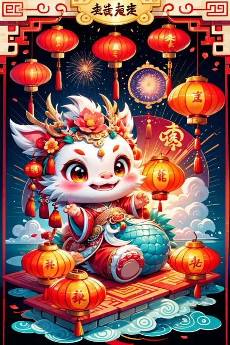 1 chinese dragon，[(chinese palace architectural background:1.5)::5]，medium shot，chinese style，((spring festival，lantern，firework...