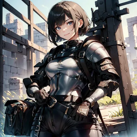 (masterpiece、highest quality、highest resolution、clear_image、detailed details): (whole body、18 year old female fighter，Slender、small face、black super bob short hair、Shiny black tight combat uniform，tight suit、Gentle smile、Backpack)