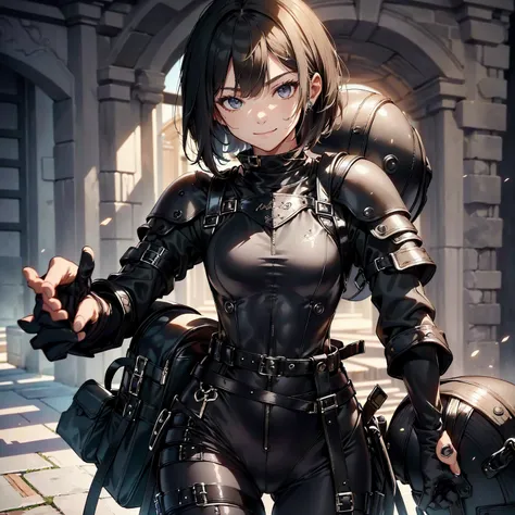 (masterpiece、highest quality、highest resolution、clear_image、detailed details): (whole body、18 year old female fighter，Slender、small face、black super bob short hair、Shiny black tight combat uniform，tight suit、Gentle smile、Backpack)