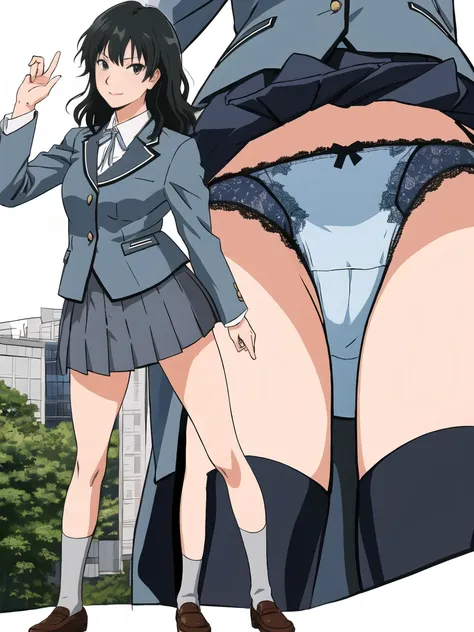 highest quality, ultra high resolution, (realistic: )2D official style cel animation,(multiple views)Amagami Tsukasa Ayatsuji,high school girl,uniform,Gray mini skirt,Light blue lace panties,full body portrait,from below,In front of the station,sunny,Voyeu...