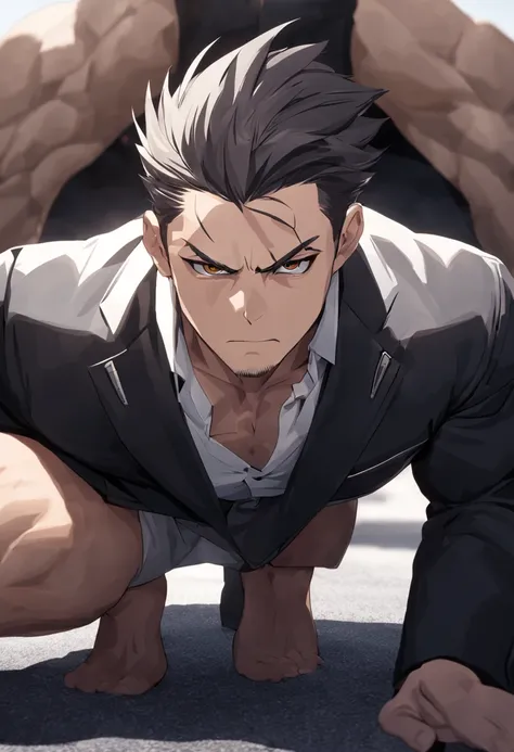 (best quality,4k,highres:1.2),ultra-detailed,,(strong,confident) man, (tall),(muscular),(black spiked hair),(bangs), (serious expression),(intense gaze into the camera),(stylish,black suit),(crisp white dress shirt),(squatting on the ground).