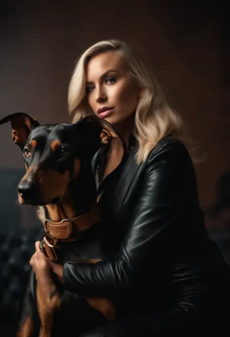 Blonde girl in a leather suit with a Doberman with erect ears in the studio