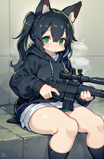 Hold a giant sniper rifle、long sideburns、whole bodyが美しいアニメ風の女の子, ,clean small surfaces, cyber-,Similar colors, shining shadow, beautiful gradation, Depth of bounds written, Clean image, high quality,black hoodie clothing、 high detail, High resolution, blus...