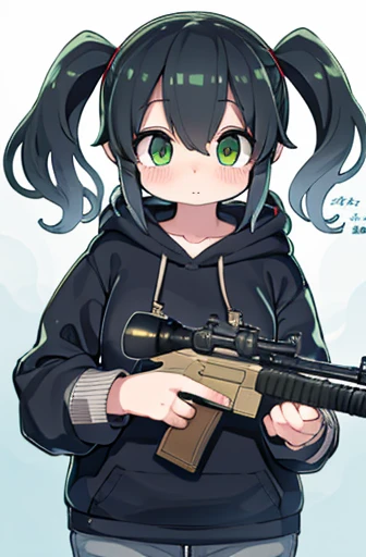 Hold a giant sniper rifle、long sideburns、whole bodyが美しいアニメ風の女の子, ,clean small surfaces, cyber-,Similar colors, shining shadow, beautiful gradation, Depth of bounds written, Clean image, high quality,black hoodie clothing、 high detail, High resolution, blus...