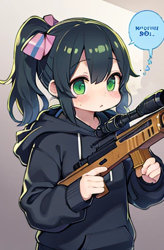 Hold a giant sniper rifle、long sideburns、whole bodyが美しいアニメ風の女の子, ,clean small surfaces, cyber-,Similar colors, shining shadow, beautiful gradation, Depth of bounds written, Clean image, high quality,black hoodie clothing、 high detail, High resolution, blus...