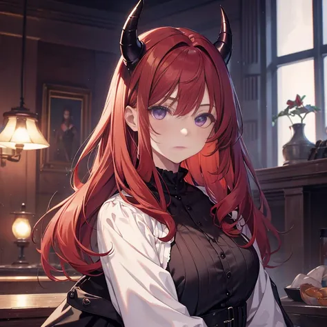 4K, 8K, masterpiece, highest quality, Upper body, 1 girl, looking at the viewer, redhead, medium hair, purple eyes, devil&#39;s horns, black coat, indoors, It&#39;s dim, The age of the actress is 23 years, open bust