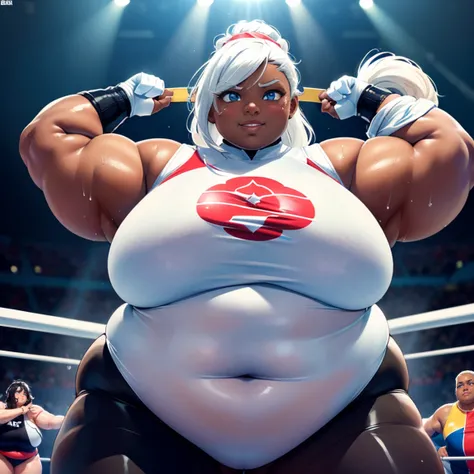 ((Dark skin)), dark skinned female, ((giantess)), ((strongfat)), ssbbw, obese, ((strong arms)), white hair, blue eyes, ((tall)), (gentle smile), (wrestling gear), gigantic, insanely large belly, sweaty, subtle blush, (bare arms), ((gigantic biceps)), ((fle...