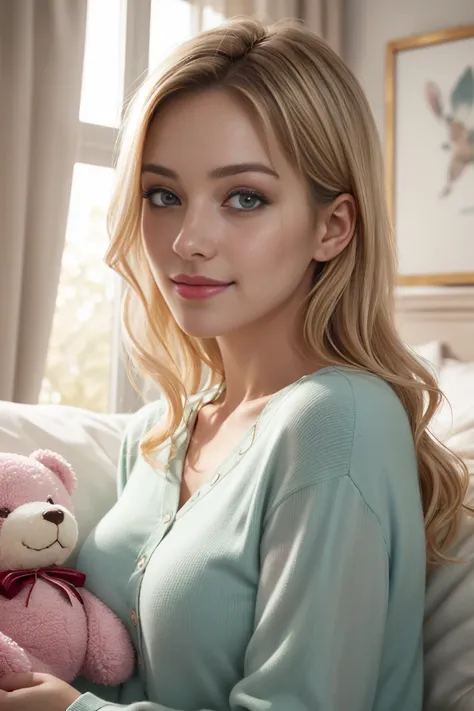 (best quality,4k,8k,highres,masterpiece:1.2),ultra-detailed,(realistic,photorealistic,photo-realistic:1.37), beautiful girl, 23 years old, cute pink pajamas with painted teddy bears, beautiful green-colored eyes, perfect body, clear skin, blonde hair, soft...