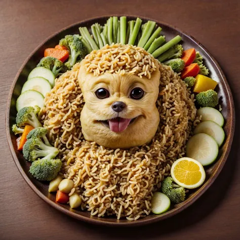 arafly shaped noodles dog on a plate with vegetables and fruit, food art, made of food, amazing food illustration, anime food, anthropomorphic dog eating, cute detailed artwork, super realistic food picture, made of spaghetti, cute dog, kawaii cute dog, cu...