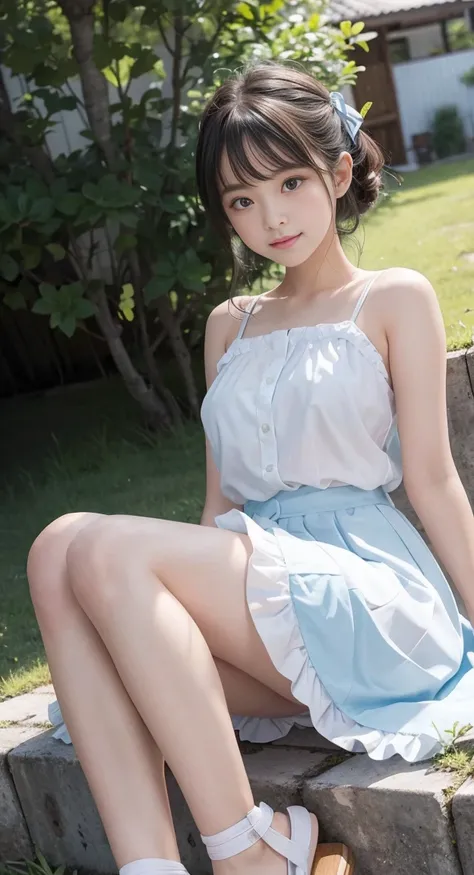 with a girl：her hair is black and short、14 years、laughter、Her face is round and cute。white and blue dress clothes、Floral。white sandal shoes、The ribbon is attached to the ankle、White lace fabric panties、scene：There is a beautiful scene floating in the backg...