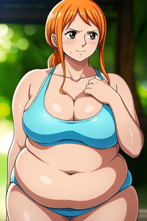 Nami from One Piece, long orange ponytail hair, beautiful brown eyes, blushing cheeks, (( massive plump belly)), thick plump thighs, lustful expression, slight smile, The art style should resemble a captivating anime style.

For the image quality, please p...