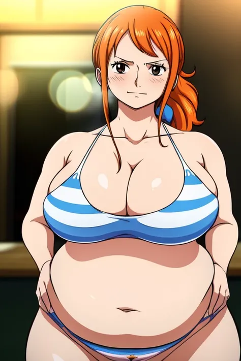 Nami from One Piece, long orange ponytail hair, beautiful brown eyes, blushing cheeks, (( massive plump belly)), thick plump thighs, lustful expression, slight smile, The art style should resemble a captivating anime style.

For the image quality, please p...