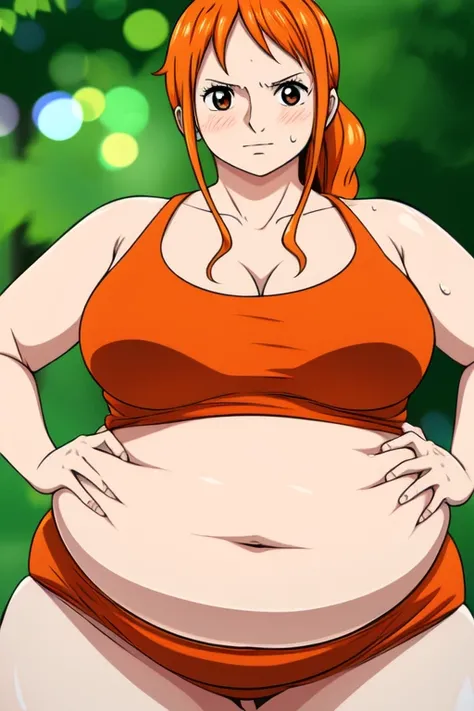 Nami from One Piece, long orange ponytail hair, beautiful brown eyes, blushing cheeks, (( massive plump belly)), thick plump thighs, lustful expression, slight smile, red dress, The art style should resemble a captivating anime style.

For the image qualit...