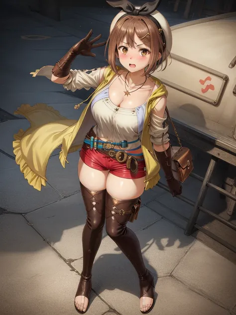 (shout), (pain), (painful), ((blush:1.2)), riser, 1 girl, ((completely defenseless)), alone, shorts, gloves, belt bag, head ribbon, jewelry, 赤いshorts, brown hair, thighs thighs thighs, short shorts, bridal legwear, necklace, brown eyes, single glove, hair ...