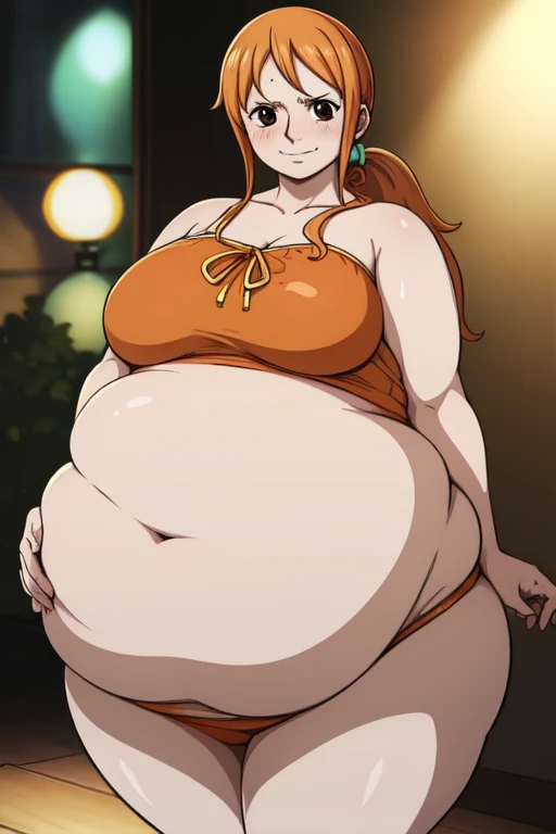 Nami from One Piece, long orange ponytail hair, beautiful brown eyes, blushing cheeks, (( massive plump belly)), thick plump thighs, lustful expression, slight smile, red dress, The art style should resemble a captivating anime style.

For the image qualit...