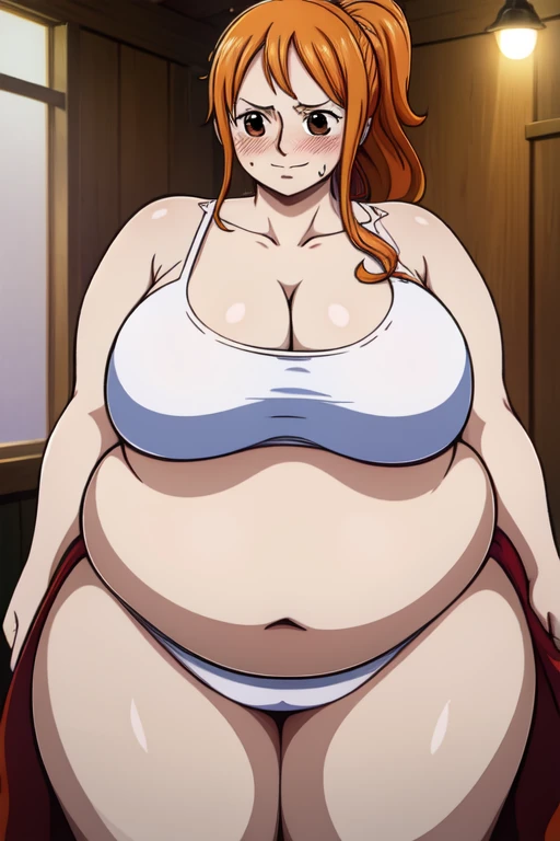 Nami from One Piece, long orange ponytail hair, beautiful brown eyes, blushing cheeks, (( massive plump belly)), thick plump thighs, lustful expression, slight smile, red dress, The art style should resemble a captivating anime style.

For the image qualit...