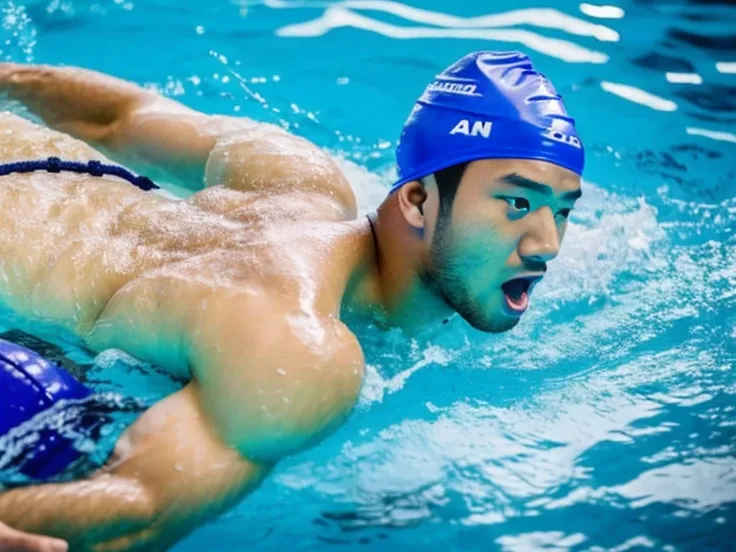 japanese men、male student、male swimming club member、male lifesaver、Male water polo player、shaved head man、dark skinned man、muscular man、man sinking in the bathtub、man sinking in the pool、man submerged in water、man diving underwater、A man wearing a black br...