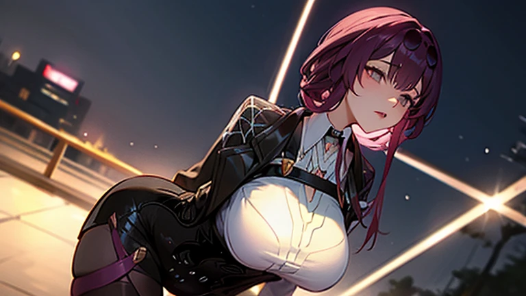 A sexy woman on the road at night,kafka,black  jacket,Purple gloves,
huge filesize,artbook,medium breasts,cinematic_angle,Black stockings,slender_waist,, (masterpiece, high resolution, best quality:1.4, breathtaking, ultra detailed)