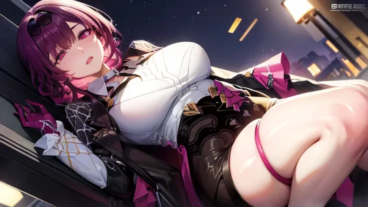 A sexy woman on the road at night,kafka,black  jacket,Purple gloves,
huge filesize,artbook,medium breasts,cinematic_angle,Black stockings,slender_waist,, (masterpiece, high resolution, best quality:1.4, breathtaking, ultra detailed)