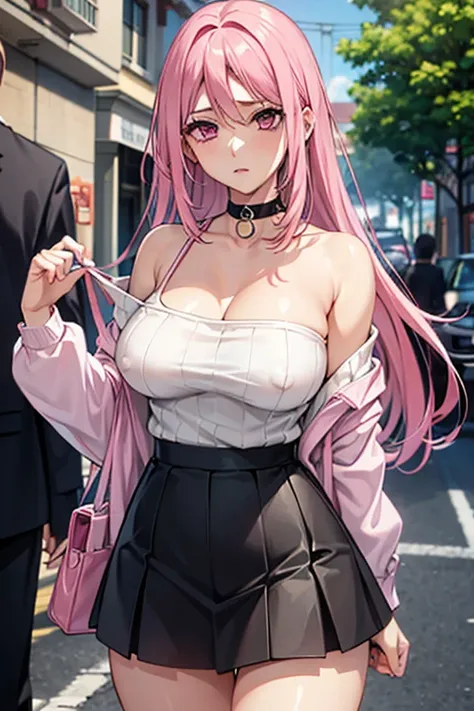 pink hair、pink eyes、big breasts、(No underwear)、((show))、mini skirt、knit sweater、off shoulder、show off your crotch、nipple、(have a skirt)、choker、1 girl、hostel