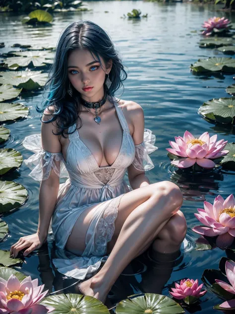 A girl floting on lotus lake, lake is full of lotus, colourfull lotus, water shining, girl wearing white dress, voluptuous body, holding lotus, she have blue hair, blue eyes, double eyelashes, eyeshadow, pink lipstick, nose, collar bone, high quality image...