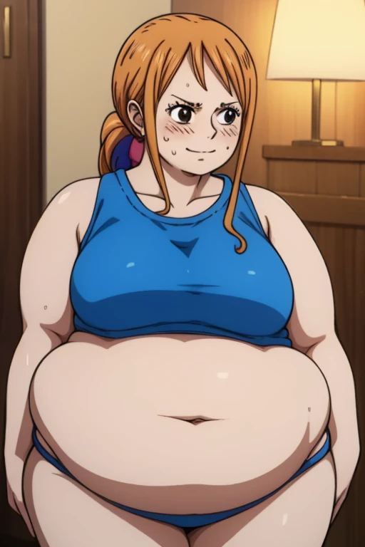 Nami from One Piece, long orange ponytail hair, happy expression, blushing cheeks, ((( massive plump belly))), thick plump thighs, (((both eyebrows raised))), naval , The art style should resemble a captivating anime style. The character is very pleased an...