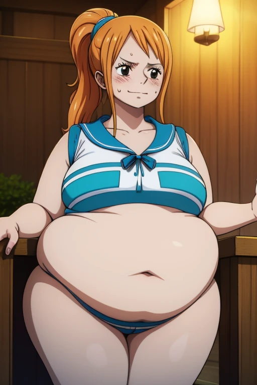 Nami from One Piece, long orange ponytail hair, happy expression, blushing cheeks, ((( massive plump belly))), thick plump thighs, (((both eyebrows raised))), naval , The art style should resemble a captivating anime style. The character is very pleased an...