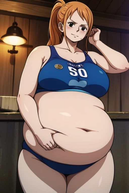 Nami from One Piece, long orange ponytail hair, happy expression, blushing cheeks, ((( massive plump belly))), thick plump thighs, (((both eyebrows raised))), naval , The art style should resemble a captivating anime style. The character is very pleased an...