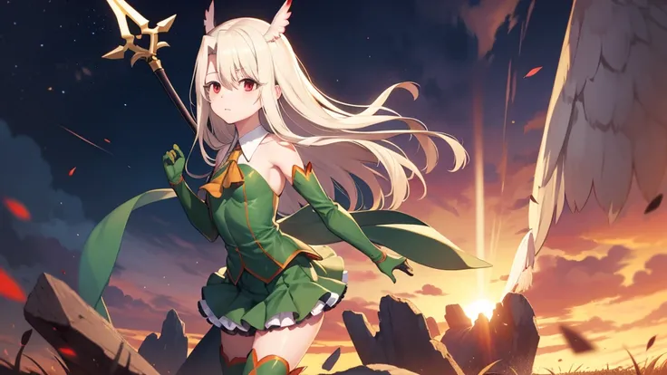 Illyasviel von Einzbern, blonde hair, hair between eyes, long hair, (red eyes:1.5),cool girl boots, Detached sleeves, Green gloves，Green skirt，Qisen Spirit King，Eagle Strike Destroy Kill，Field of life，Spirit Halberd