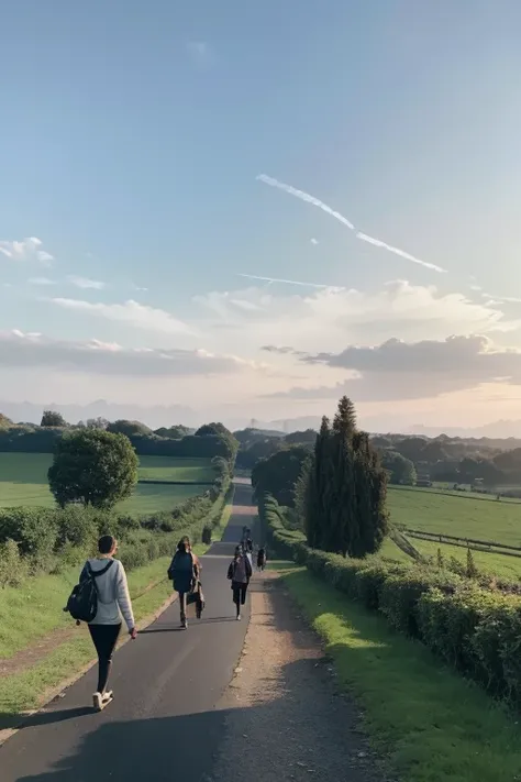 The youth walks along a country path, surrounded by the bustling figures of adults.