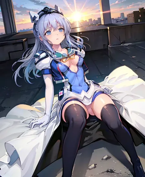 highest quality,sleep on your back in bed，Symphony_sugar,light blue hair,navy blue eyes,hair ornaments,long hair,White Long_glove,Light blue short dress,black pantyhose,high heels, ultraman bodysuit,show me your boots，thigh high boots，leotard peep，glove，el...