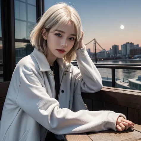 masterpiece,realistic,photo&#39;s,born,bright light,
beautiful face,beautiful eyes,1A white-haired old woman in her 80s wearing a white coat,Upper body,
sitting,arm on table,
moon,Milky Way,cityscape、
looking at the viewer