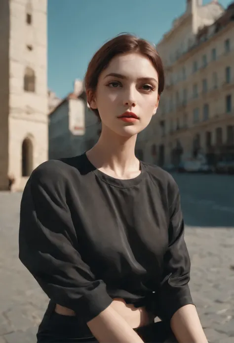 analogue photography, Grain Film, Vintage photo, portra 400, The Flash, Lo-Fi aesthetics:: The woman, She is wearing a black shirt, A pensive look with very short brown hair, light beam, beautiody, Hot, black panties, Sexy, Wet, Lying in the center of the ...