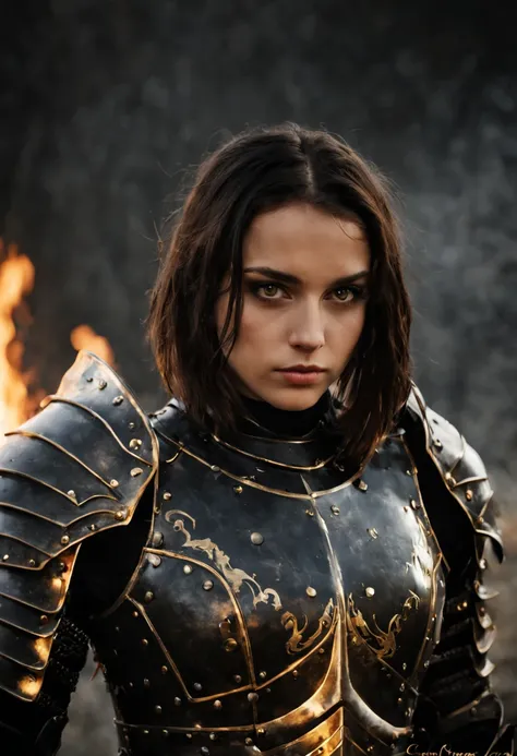 beautiful girl in heavy armor, fine face, Holds a great sword, In battle, Dragon Knight, black armor with gold,Burning eyes