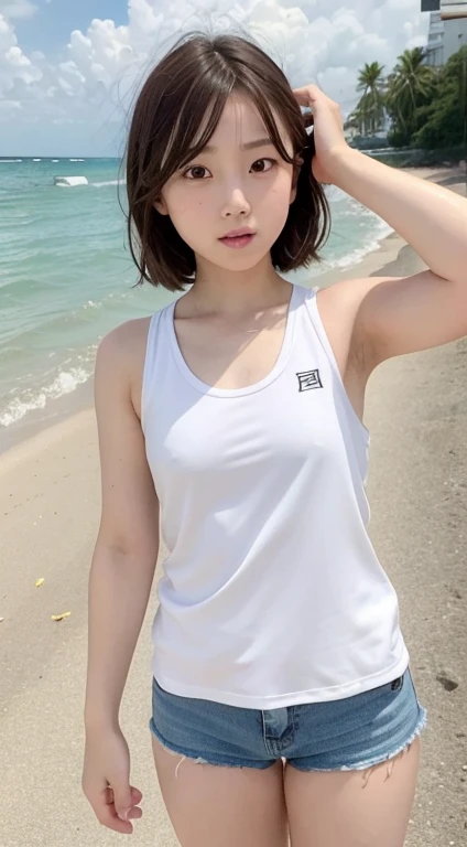 Maki Horikita Beautiful girl Cold expression Scary eyes Shocked expression Junior high school student Brown hair Athletics Raise hand Short stature Small breasts Short hair White tank top Beautiful legs White beach and sea Disheveled hair Strong wind